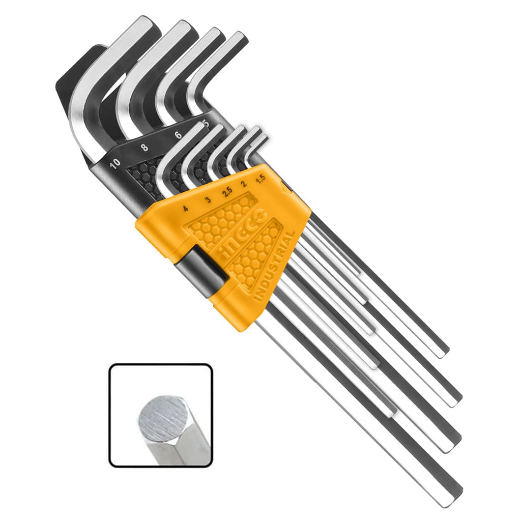 Jogo Chaves Allen Sextavada HHK11091 INGCO 9pcs Aço S2 Industrial Profissional Haste Longa Hexagonal