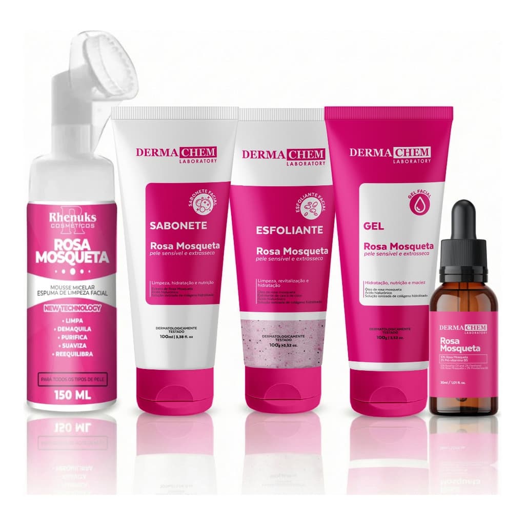 Skincare Rosa Mosqueta Dermachem + Sérum Rosa + Mousse Rosa