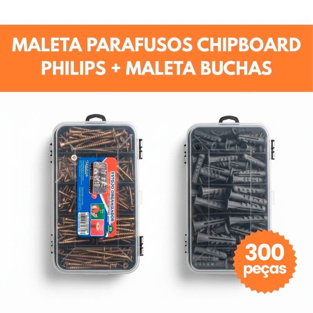 Kit 300 Peças Parafusos e Buchas com Organizador Multiuso Maleta Marcenaria Chipboard Phillips