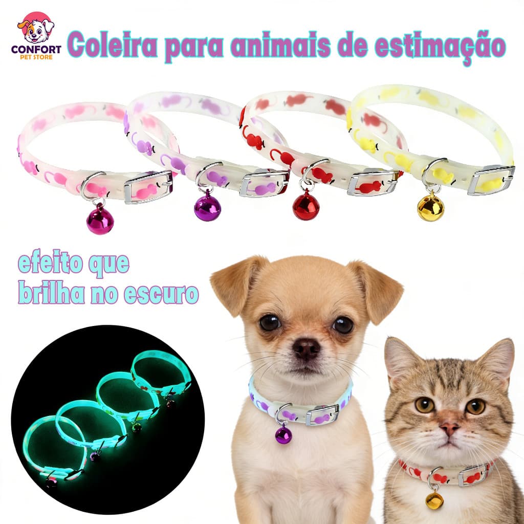 Coleira Pet para Gatos com Sino/Coleiras que brilham no escuro para gatos e cães de pequeno porte, em diversos estilos