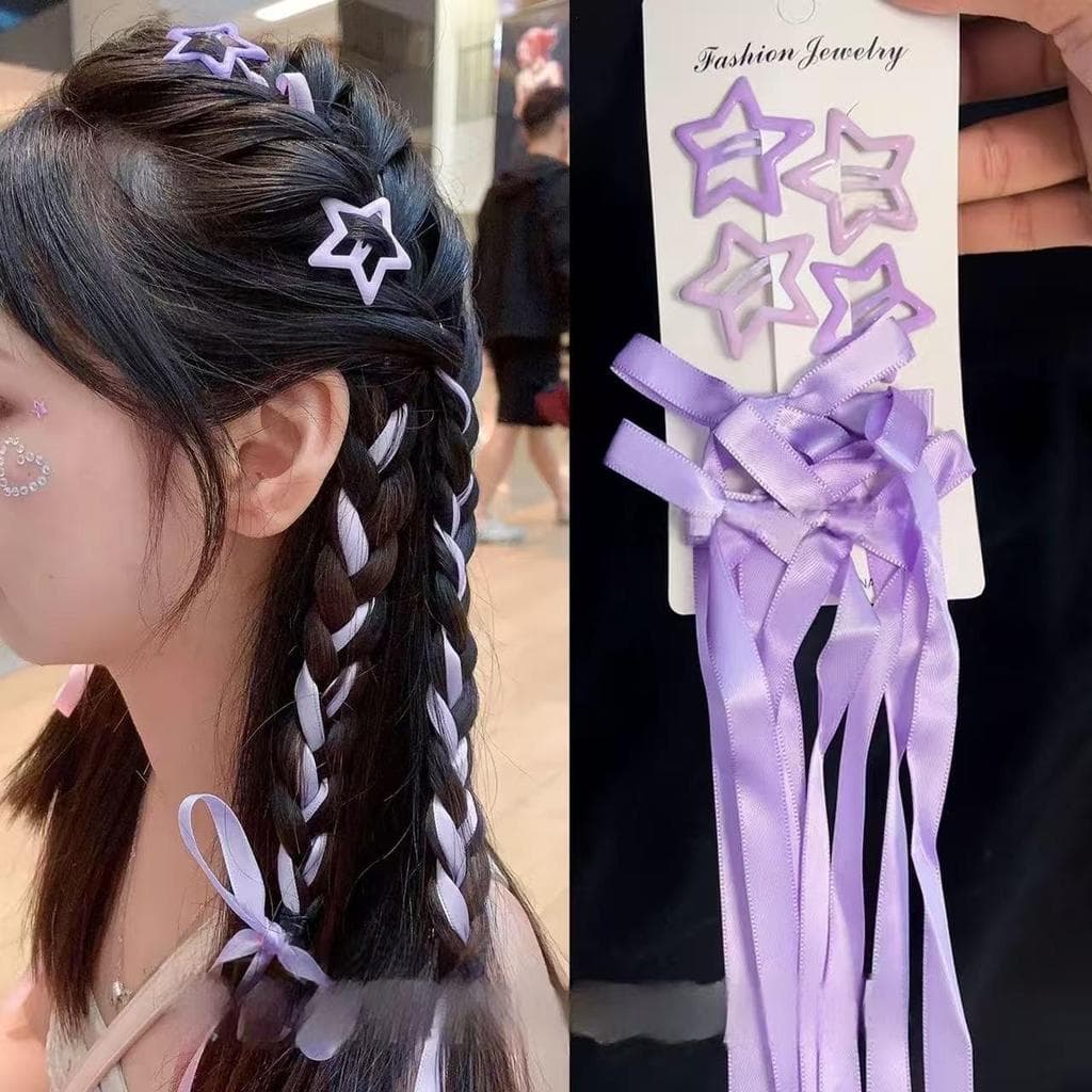 Grampos De Cabelo Longos Com Laço E Estrela Para Mulheres , Cor Sólida , Fofo , Trançado , Acessórios De Meninas
