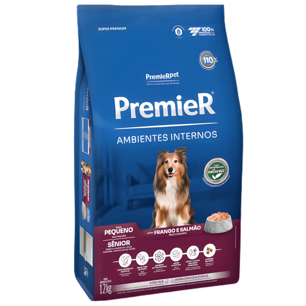 Ração Premier Ambientes Internos Cães Sênior Porte Pequeno 12kg Frango e Salmão Premium