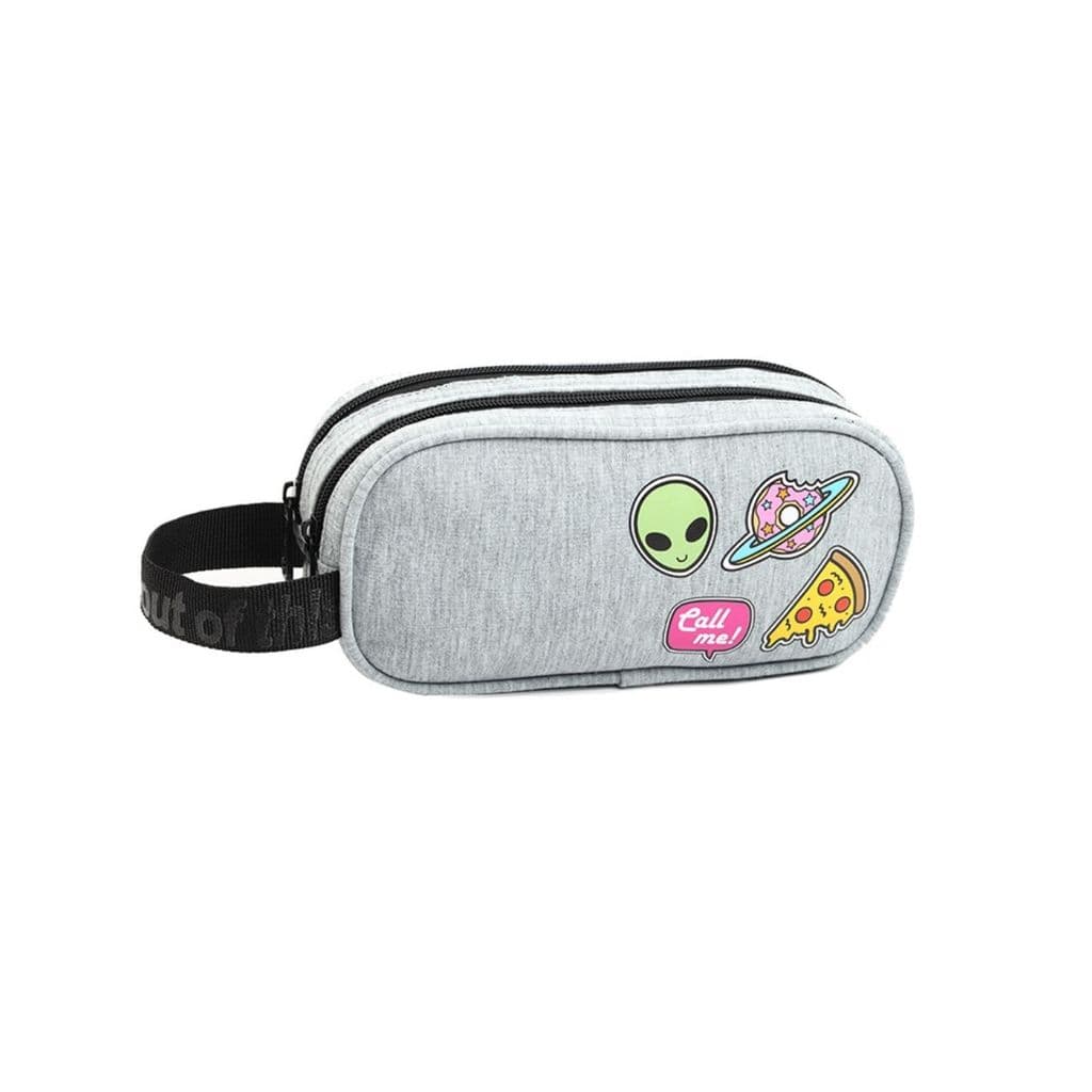 Estojo Escolar Juvenil Duplo Cinza Chumbo Patchs Alien Espaço Pizza by Seanite