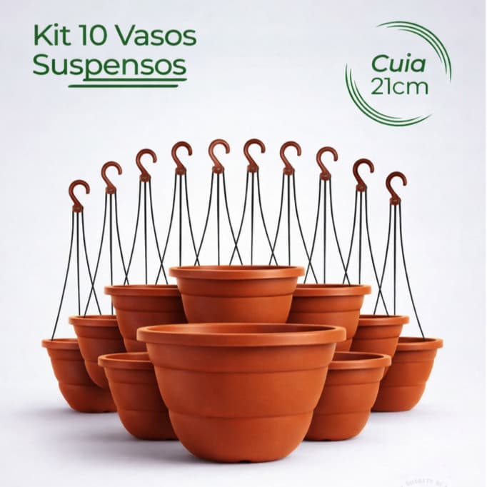 Kit 10 Vasos Cuia 21cm Terracota Marrom Haste 43cm Resistente Rosa Deserto Samambaia Cor Ceramica