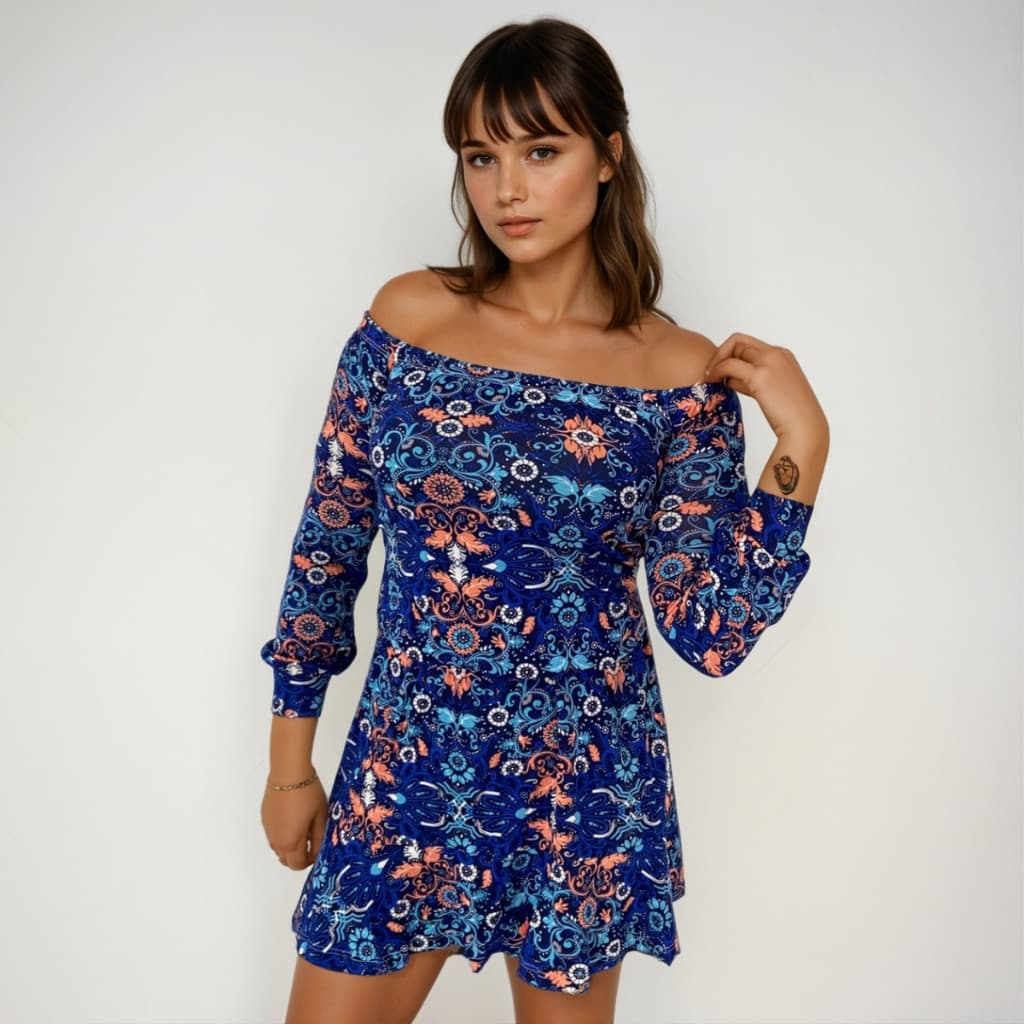 Vestido Curto Ciganinha Estampado Manga Longa Tendência Verão