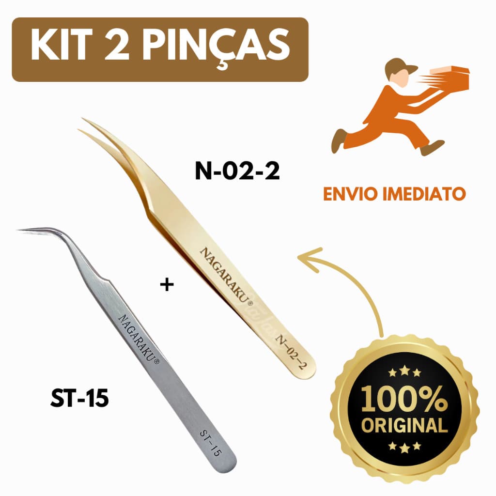Kit 2 Pinças Nagaraku Extensão Alongamento Cílios ST-15 e N-02-2 Gold Ouro Original Profissional no Brasil