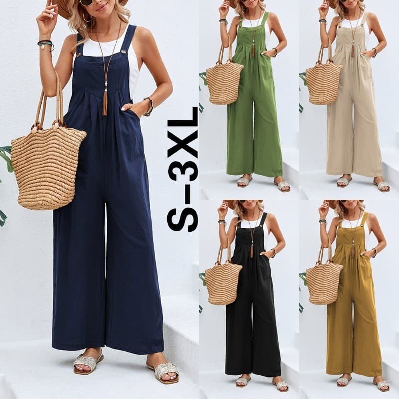 Macacão Longo Sem Mangas Sólido Boho , Feminino Com Bolsos