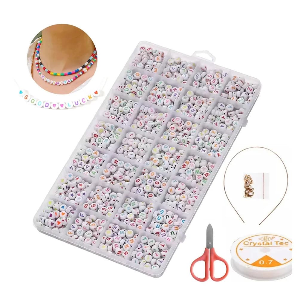 Kit Miçangas Letras Alfabeto Completo Infantil – Maleta com Miçangas Coloridas para Pulseiras