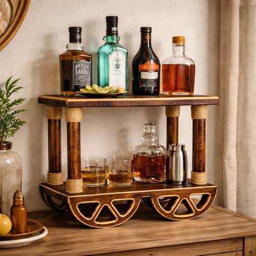 Mini Aparador de Bancada Madeira Rústica com Sisal Café Condimentos Bebidas Cozinha 2 Prateleiras