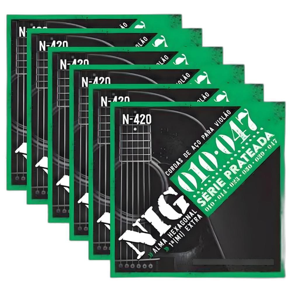 Kit 6 Encordoamentos Nig 010 P/ Violão Aço Série Prateada N420