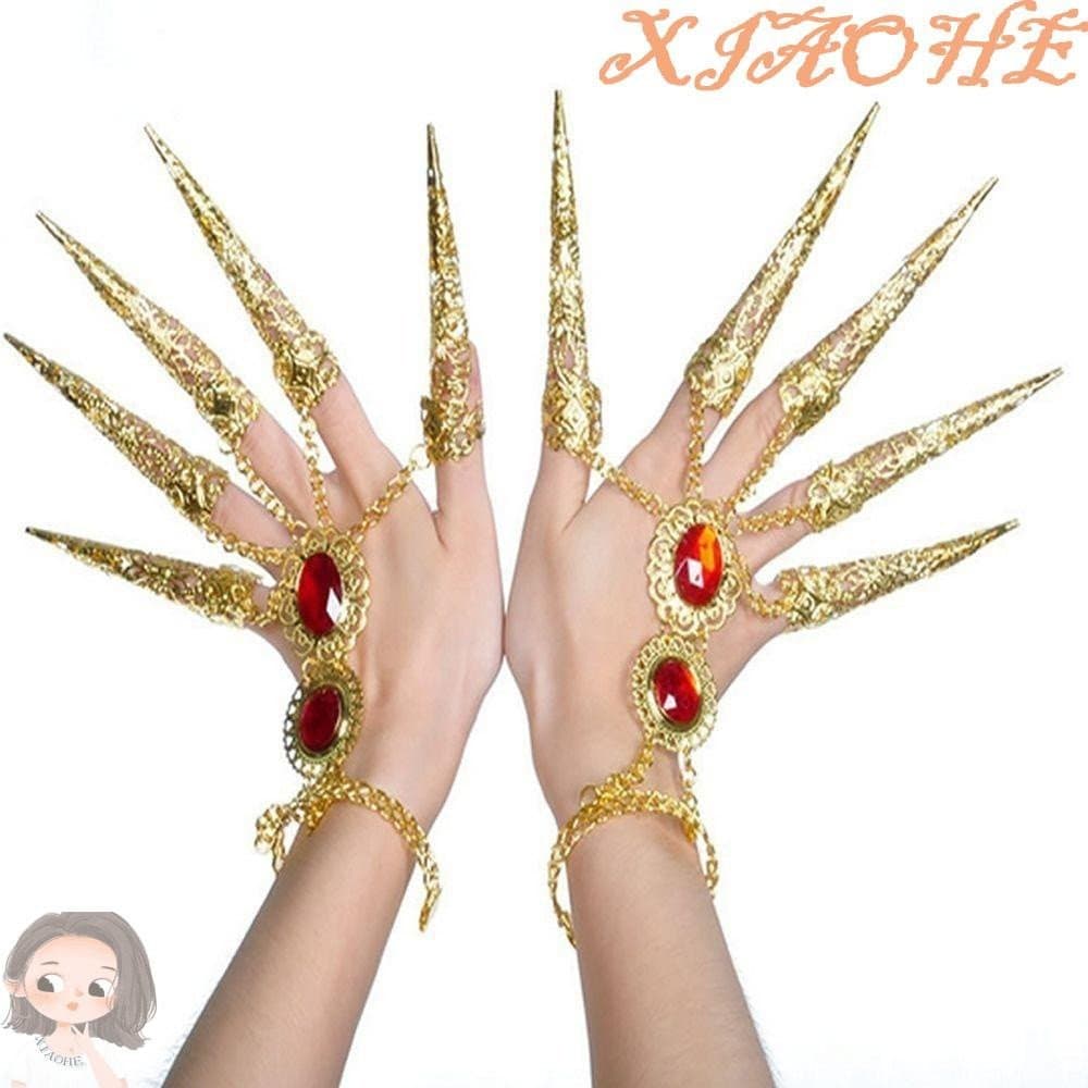 XIAOHE Pulseira De Dedo Dourado Antigo Estilo Oco Indiano Tailandês Azul Gema Proteção Anéis De Unha