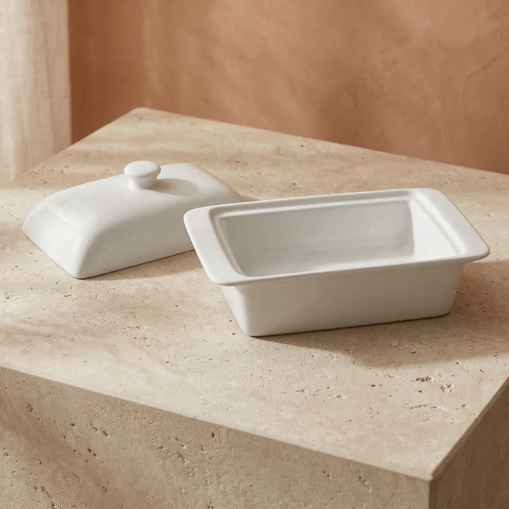 Manteigueira Porcelana New Bone China Branca com Tampa Porta Manteiga Mesa Posta Café Manhã