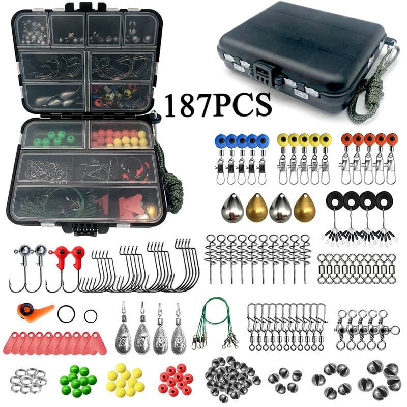 187/264 peças Kit de Acessórios para Pesca, Anzóis Jig, Pesos de Pesca, Giradores, Conectores com Caixa de Iscas e Acess