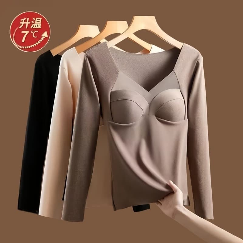Outono inverno alemão veludo quente manga comprida camiseta feminina com almofada no peito roupa interior de uma peça se