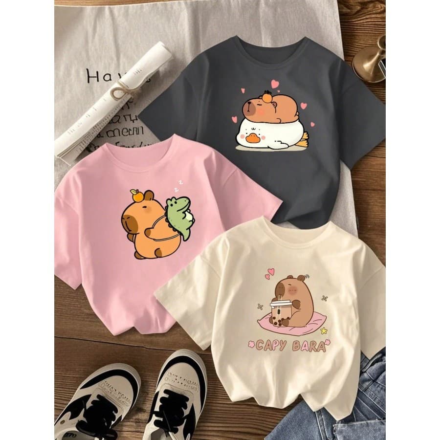 Kit 3 Camiseta Algodão Infantil E Juvenil Feminina T-shirt Capybara Capivara Modinha Do Momento Para Meninas