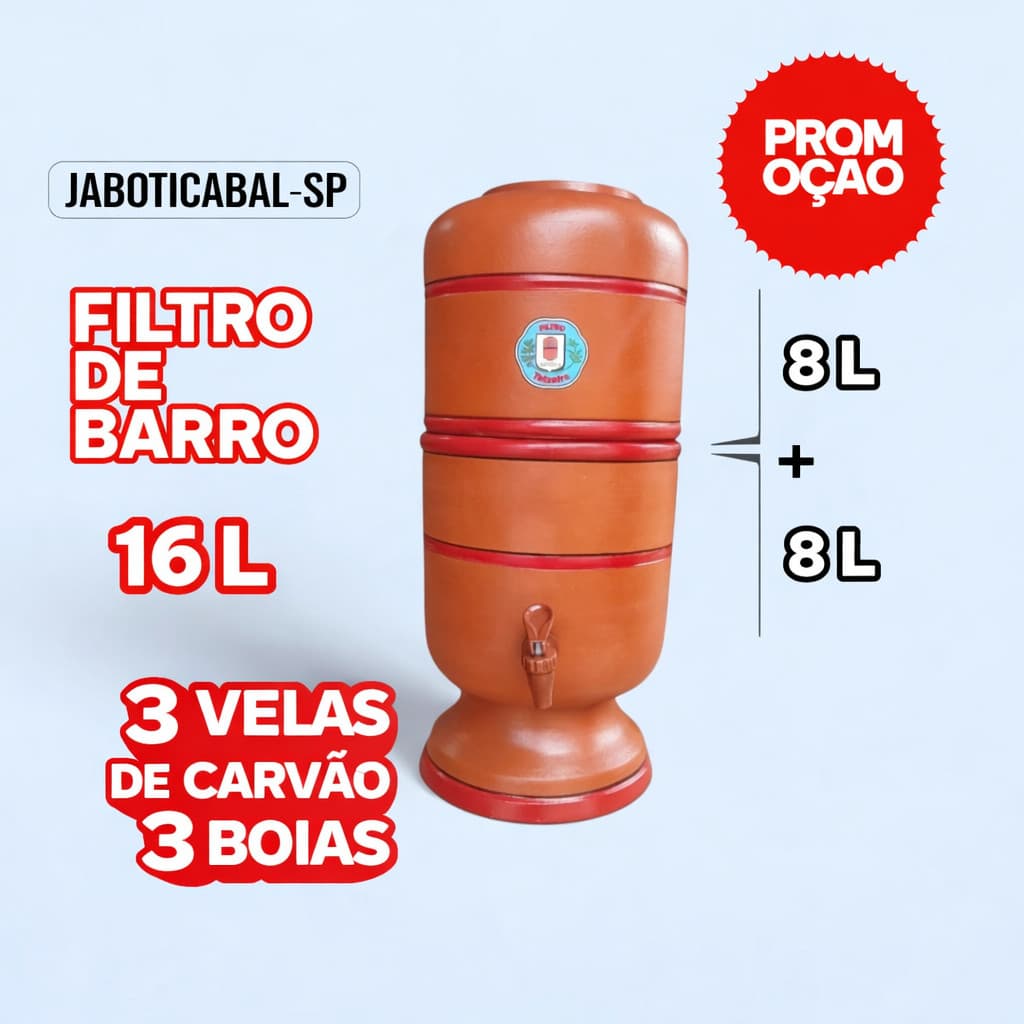 Filtro de Barro 16L Completo – 3 Velas de Carvão Ativado + 3 Boias