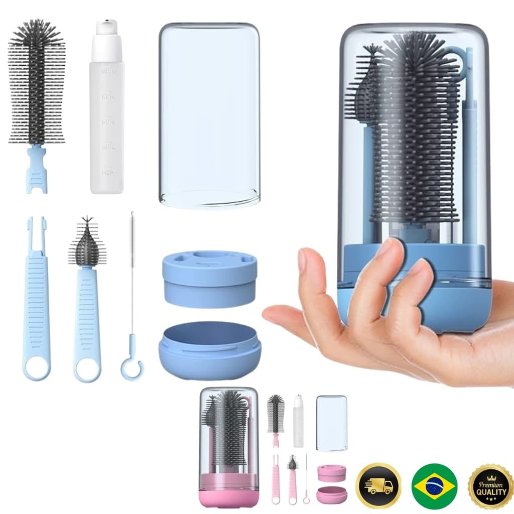 Kit Escova Silicone 4 em 1 para Mamadeira e Garrafa – Portátil + Dispensador