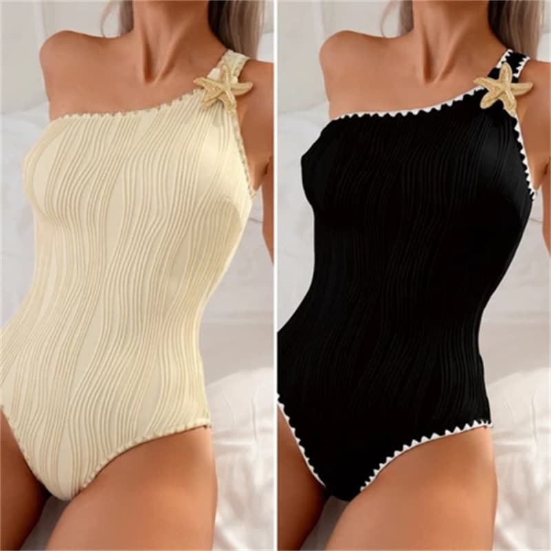 Maiô Feminino de Uma Ombro inclinado de Cor Sólida para Decorado com Conchas e Estrelas-Do-Mar