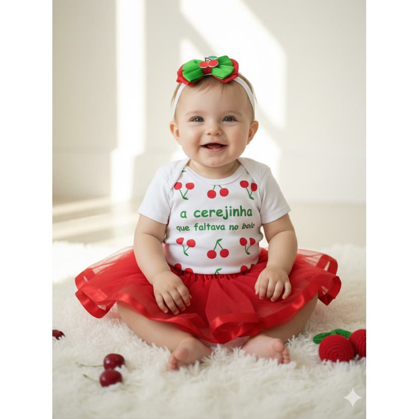 Body Infantil Bebê menina mesversárioTemático cereja frutinhas CEREJINHA QUE FALTAVA NO BOLO Promoção