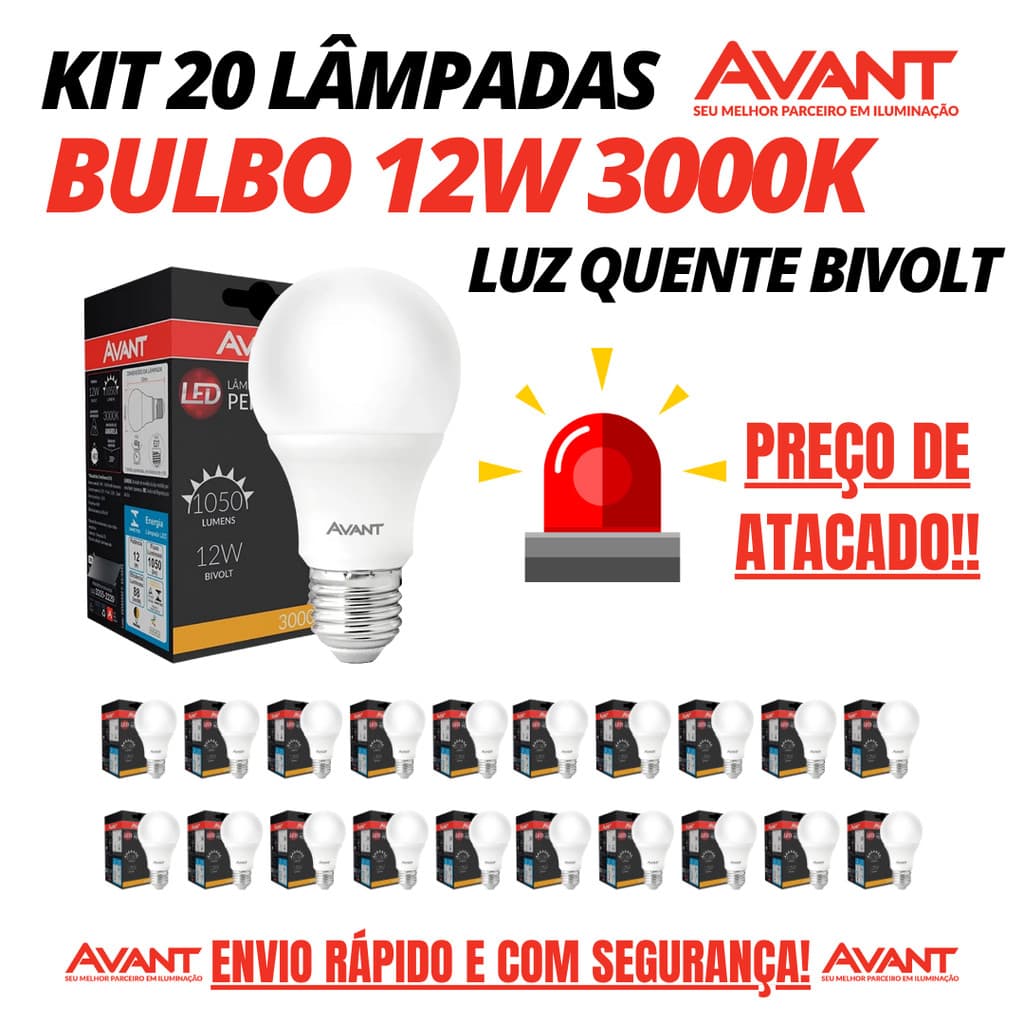 Kit 20 Lâmpadas Led Bulbo 12w Bivolt 3000k Branca Quente E27 Avant
