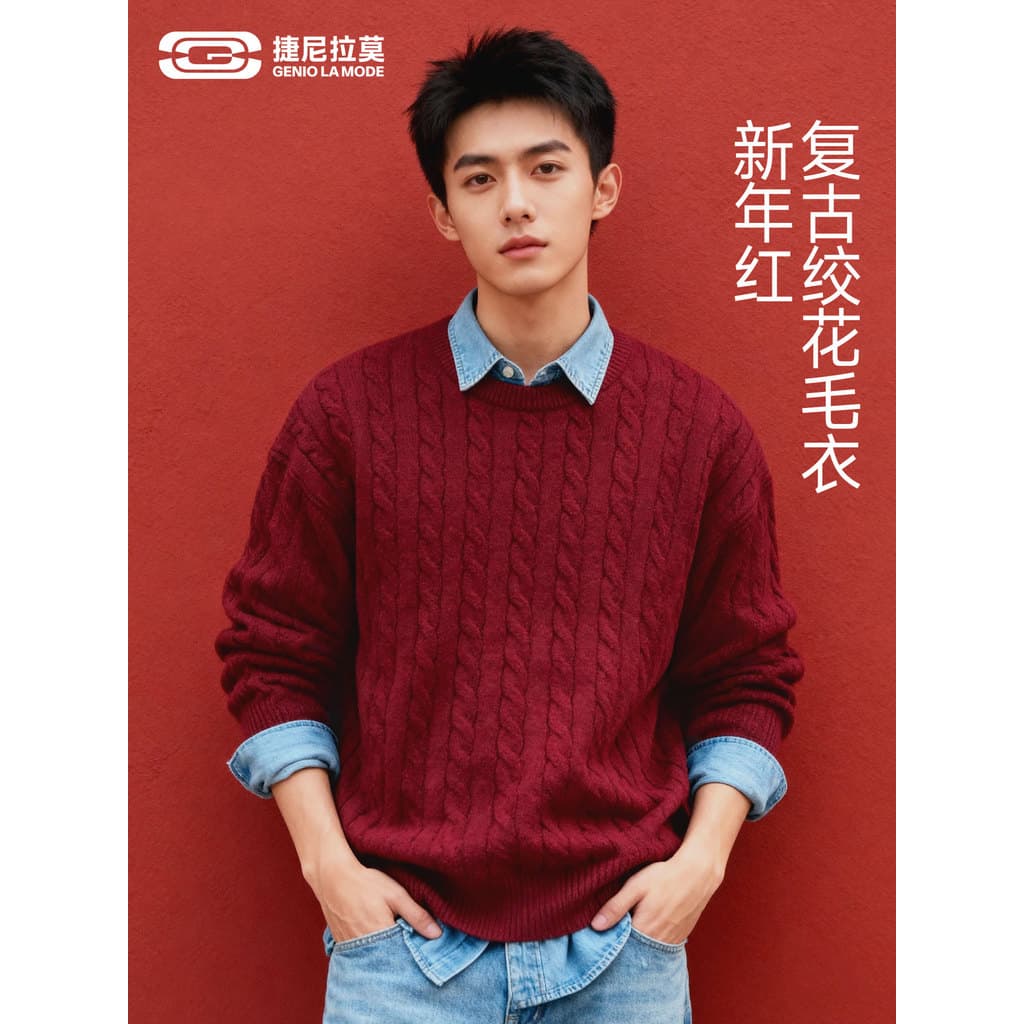 Genelamo Retro torção ano novo suéter vermelho masculino feminino casais inverno multicolorido em torno do pescoço camis