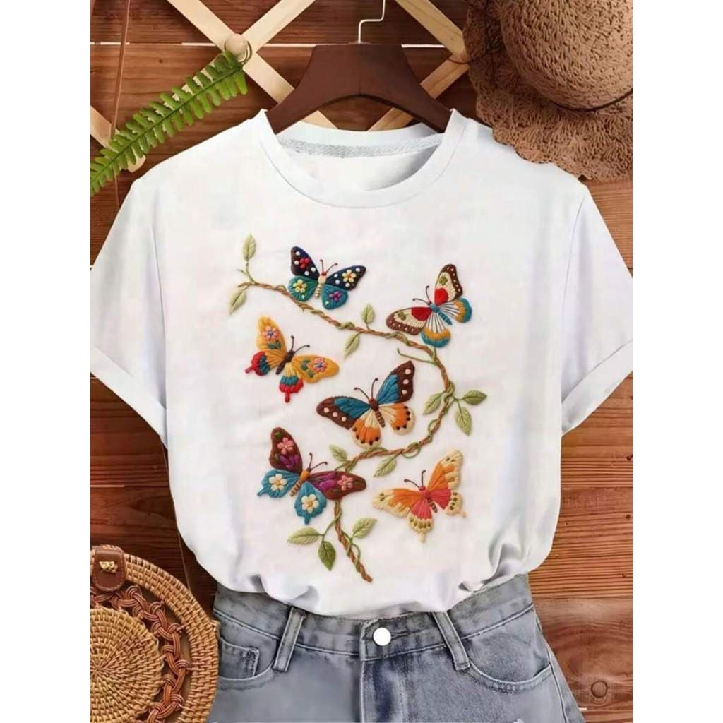 Camiseta feminina borboleta modinha 100% algodao