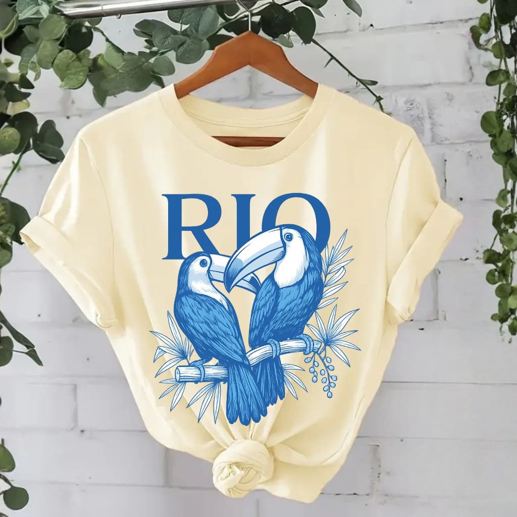 Camiseta Feminina Algodão Tropical Brasil Amazônia Estampada RIO Araras Estil Fm Rio