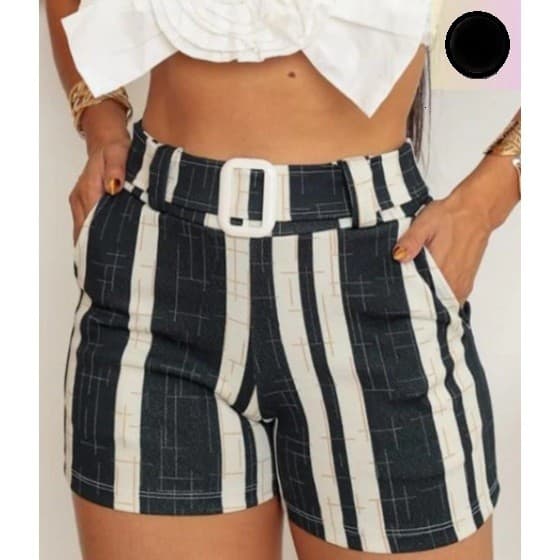 Shorts Feminino Listrado Com Cinto Malha Crepe Cintura Alta com Bolso Bermuda Elastano