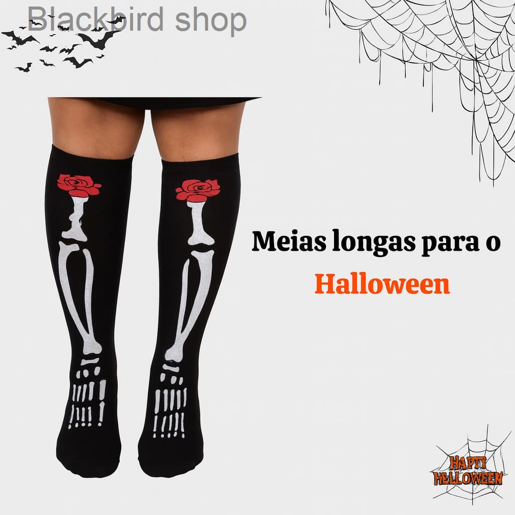 (V)Meia Fantasia Halloween Adulto – Esqueleto com Rosa Vermelha 🌹💀  4VB0