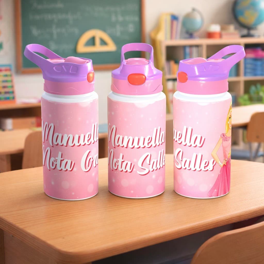 Squeeze Infantil Personalizado Garrafinha D'água Bico Retrátil Semi Termica Colorida Volta às Aulas Garrafa Maria Alice