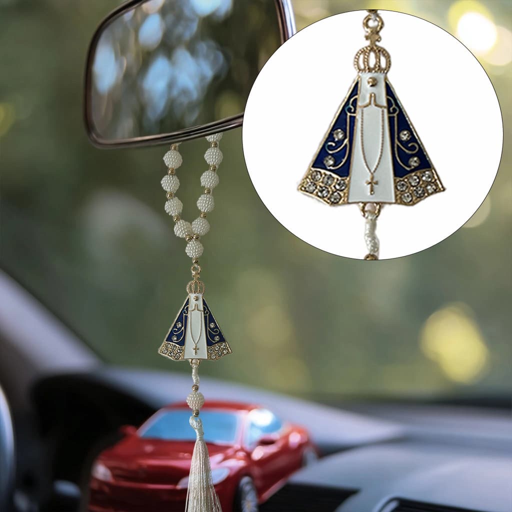KIT 3/6 Pingentes Nossa Senhora Aparecida - Medalha de Metal, Pérolas e Zircônias, 25cm com Tassel