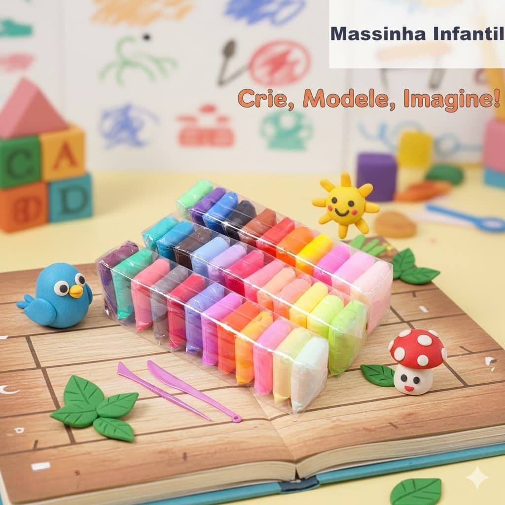 Kit Massinha de EVA Infantil de Modelar Escolar 12 Cores Brinquedo Com 3 Ferramentas
