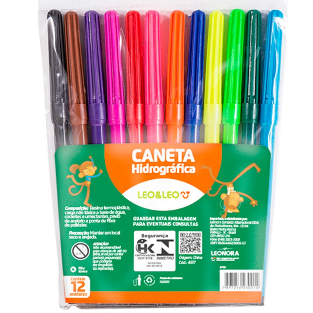 Canetinha Hidrográfica Leo & Leo 12 Cores Coloridas Escolar Infantil