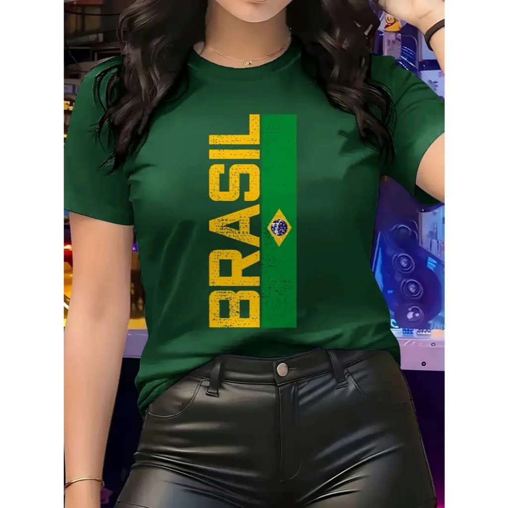 T-SHIRT FEMININA CAMISETA BASICA ALGODÃO100% ESTILOSA  BRASIL COPA TENDENCIA
