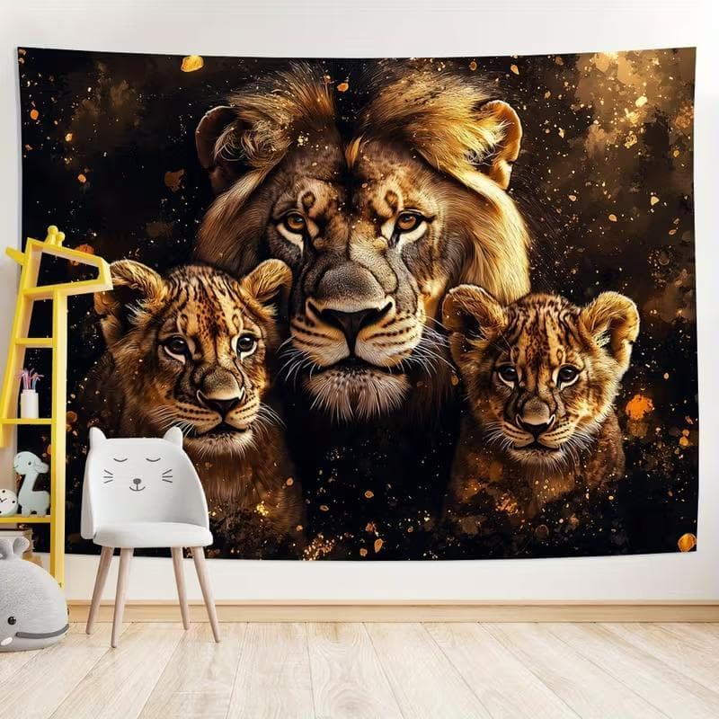 Quadro Decorativo Leão e Filhotes Arte Dourada e Preta