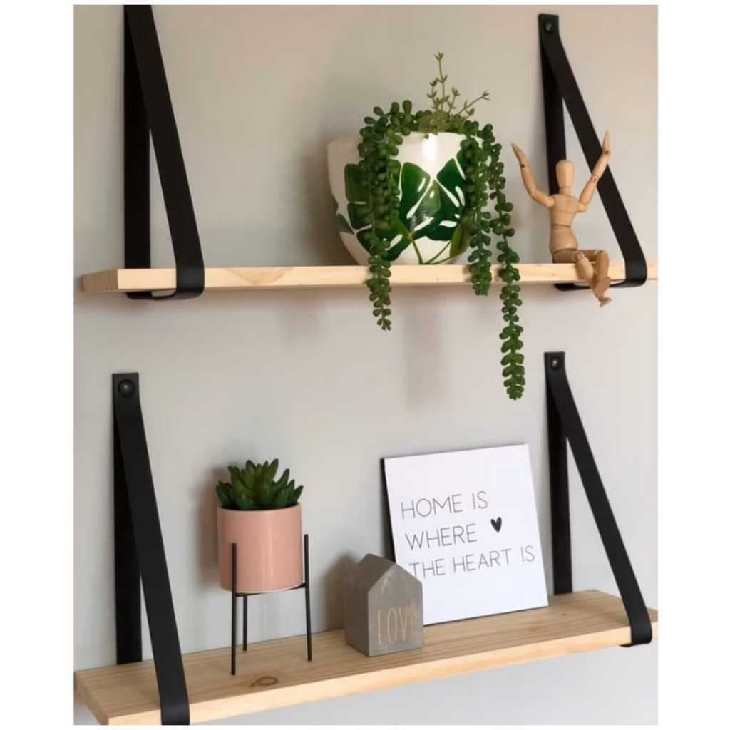 Kit 2 Prateleiras de Madeira Com Alça de Couro Para Decoração Casa Quarto Luxo