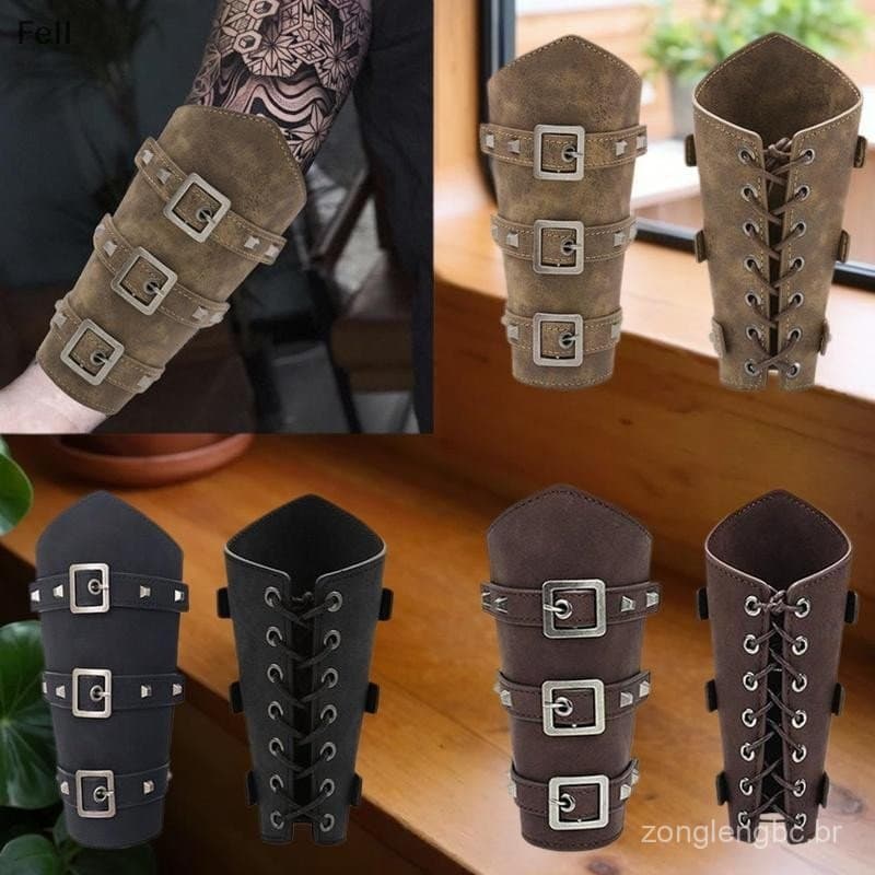 [Fel] Homens Medieval Cosplay Armadura De Couro Aquecedores De Braço Lace-Up Viking Pirata Cavaleiro Manopla Pulseira Br