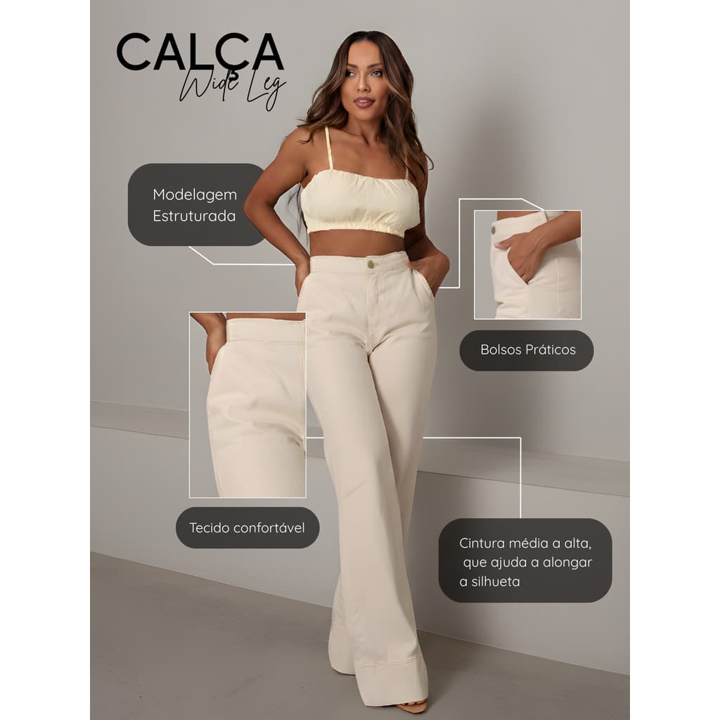 Calça Jeans Feminina Wide Leg 100% Algodão Casual Calça Larga Cintura Alta