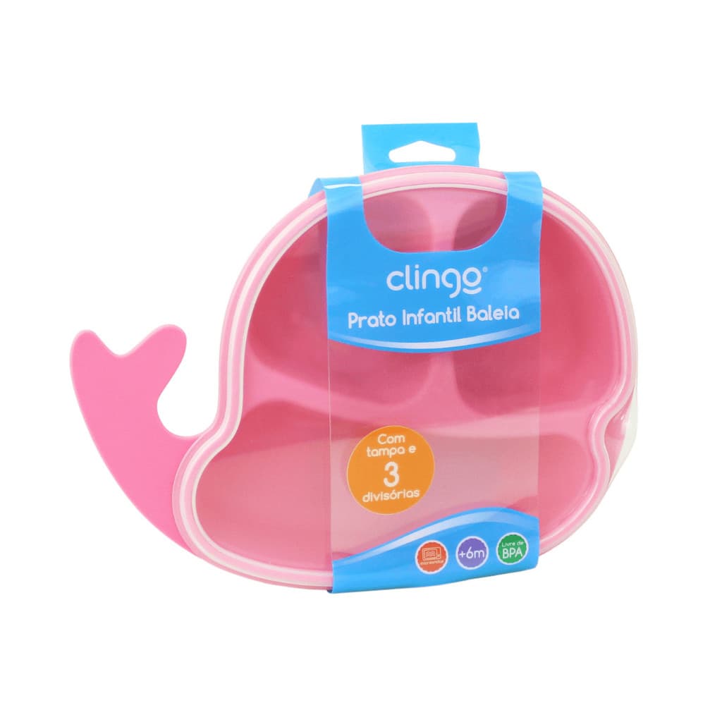 Prato Alimentação Infantil Silicone com Tampa e Divisórias Baleia Clingo Rosa