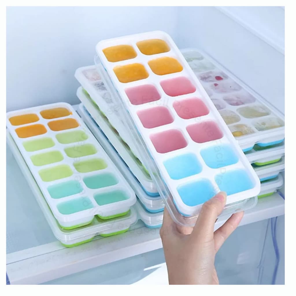 Formas de Gelo com Tampa Rígida Fundo Silicone Flexível Retangular 14 Cubos