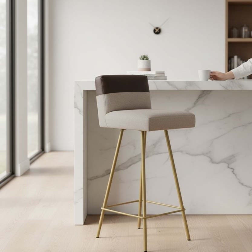 Banqueta Valen Duo Moderna Ferro Dourado  Estofado Suede Linho Bege / Marrom