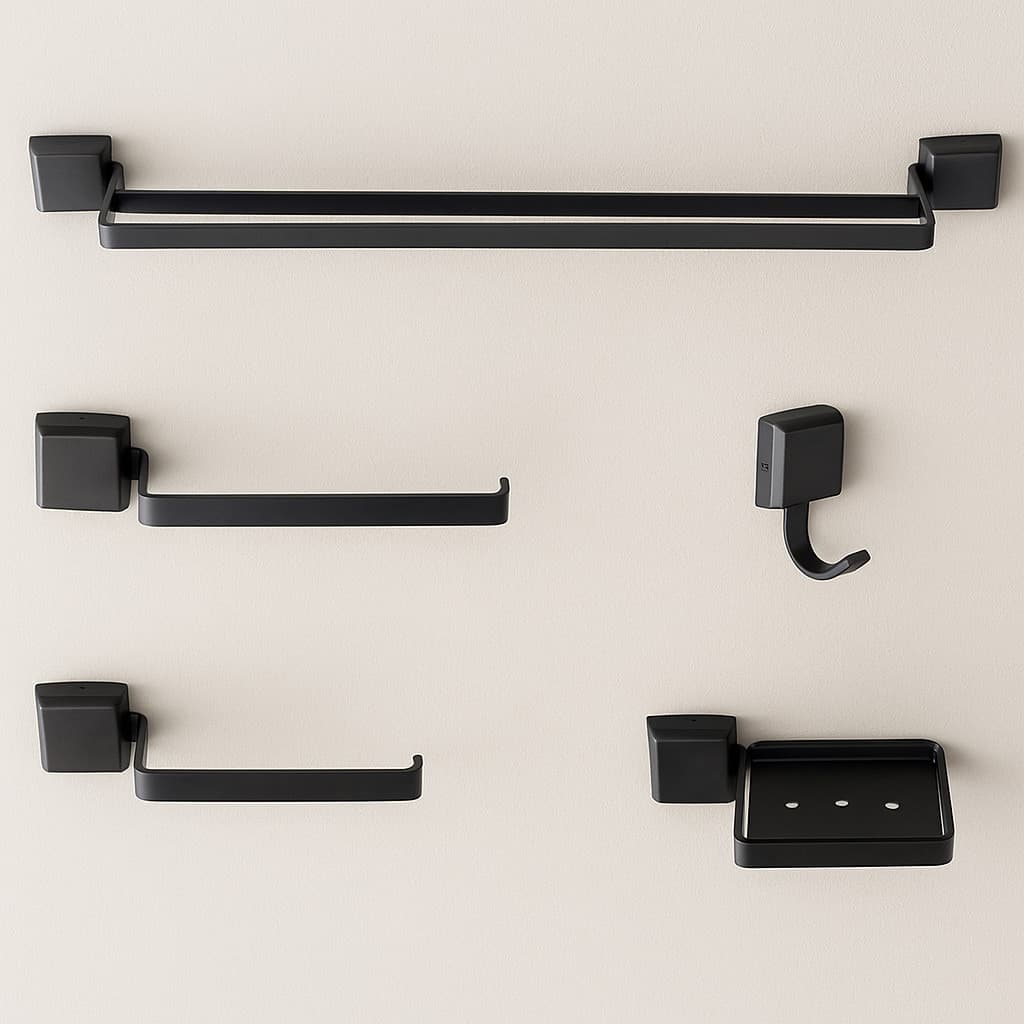 Kit Acessórios Banheiro e Lavabo 5 Peças Luxo Porta Toalha Duplo – Preto