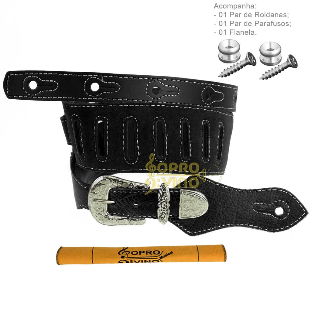 Correia Alça Violão Guitarra Baixo Preto Cowboy Couro Sintético Basso Western Cód. DA253