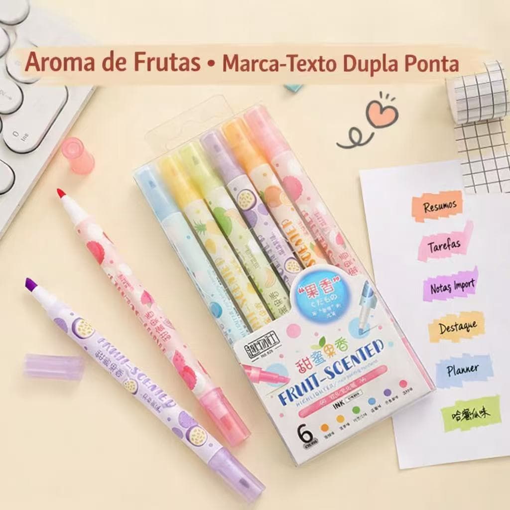 kit 6 Marca Texto Ponta Dupla Com Cheirinho Aroma perfumado de Frutas (FRUIT-SCENDET) /Escritório/Escolar