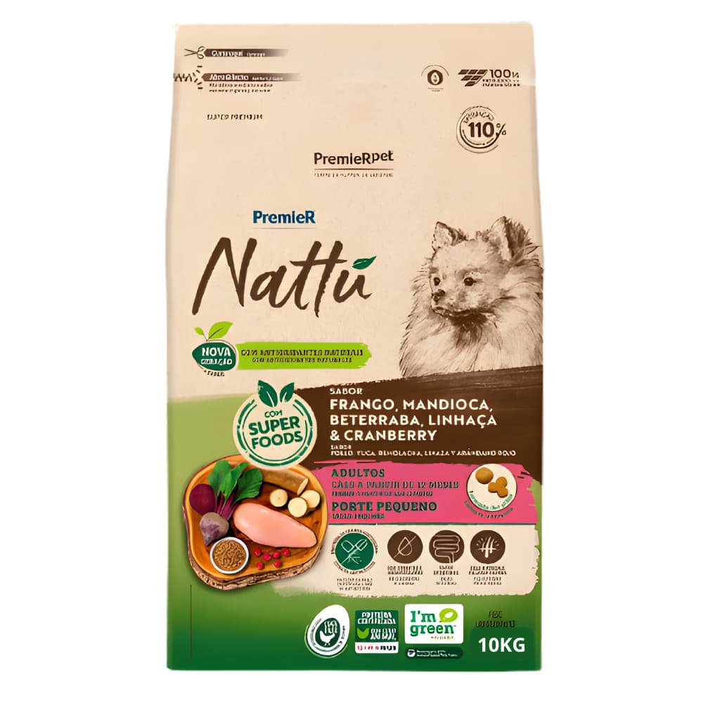 Ração Premier Nattu Cães Adultos Porte Pequeno Mandioca 10kg Nutrição Natural