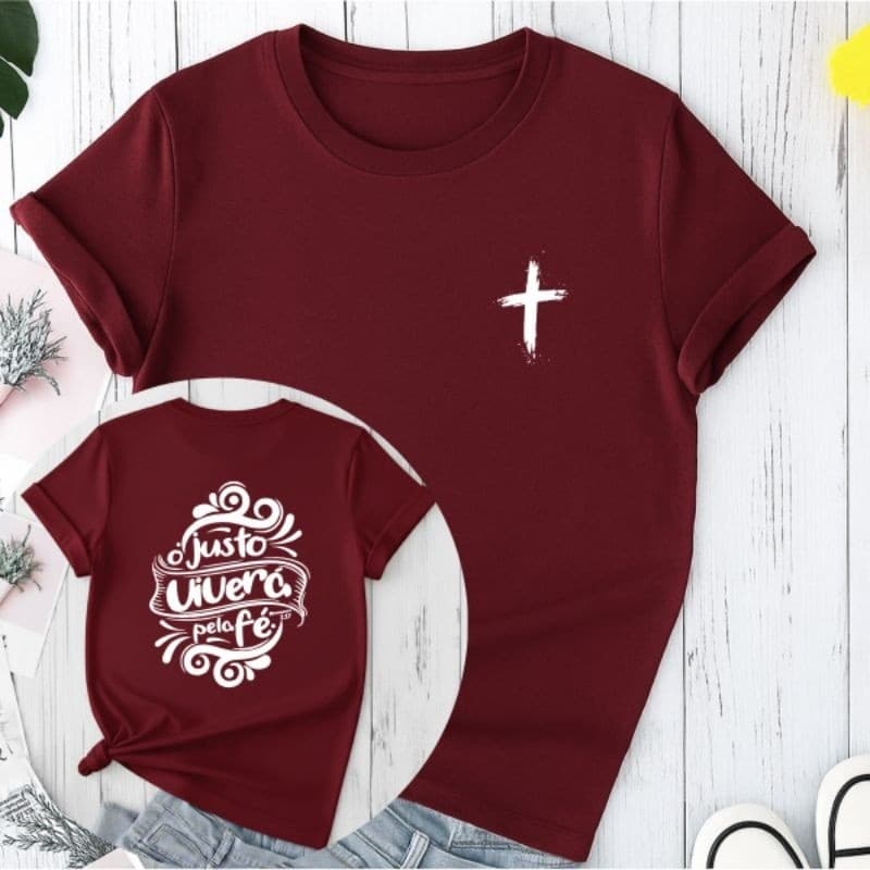 T-shirt em Algodão Premium Camisa  Feminina O Justo Viverá Pela Fé Moda Cristã Religiosa 100% Algodão Envio Imediato Uni