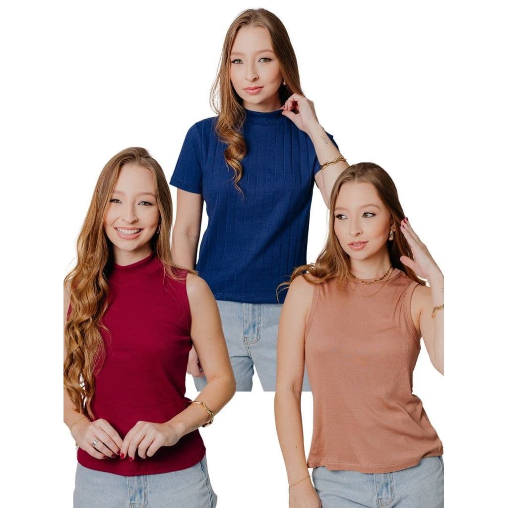 kit 3 Peças Sortido, Blusa + Regata + Regata Gola Alta, Em Ribana Canelada Toque Suave moderna Alta Qualidade e Conforto