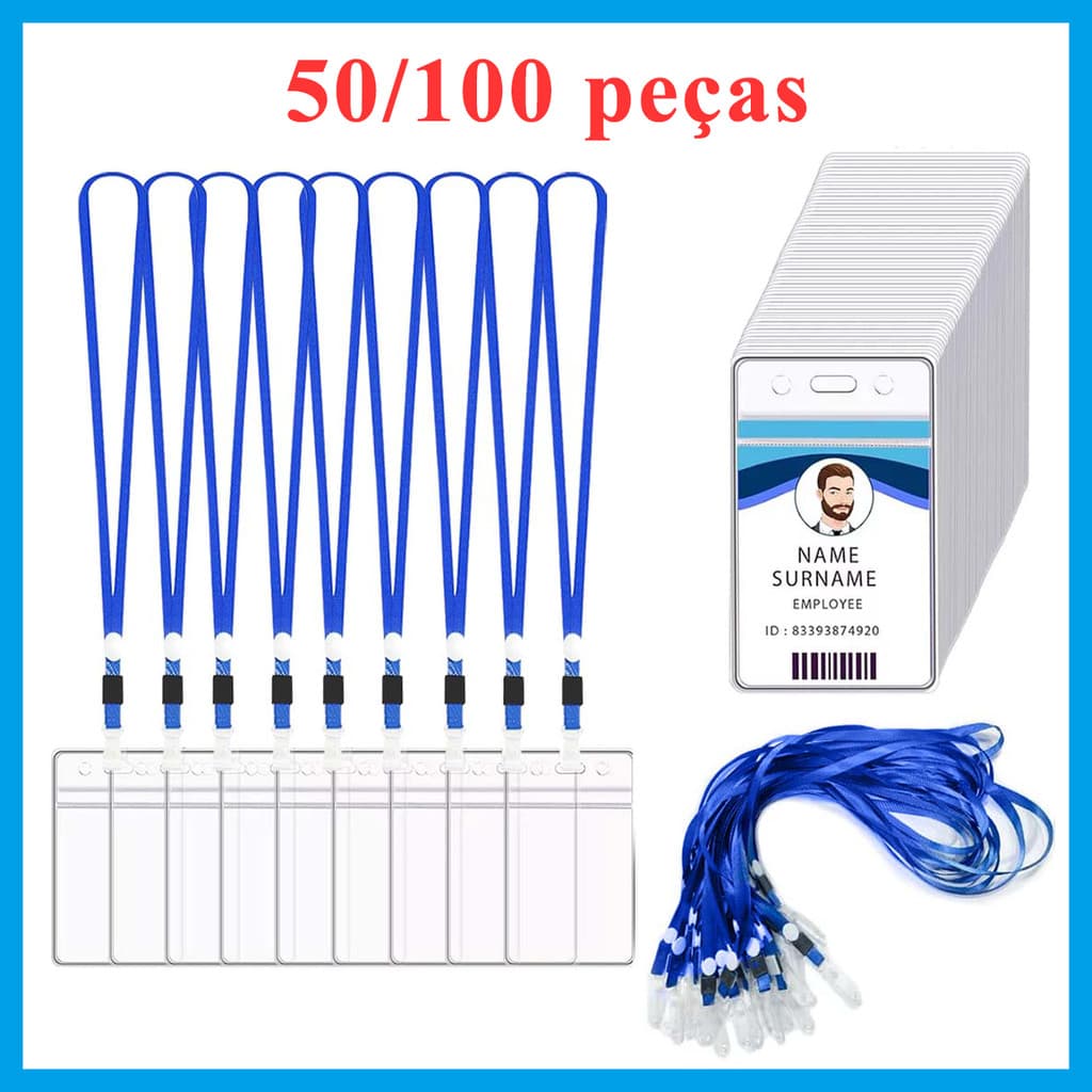 Porta crachá vertical 50/100 peças com cordão azul, para identificação de funcionários e estudantes