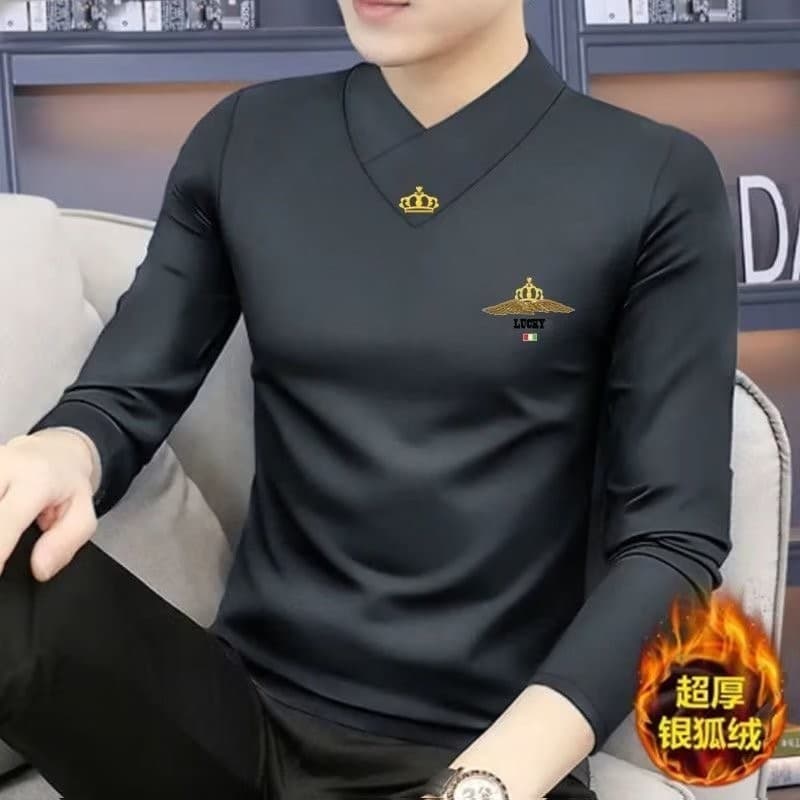 Modal novo estilo de manga comprida camiseta masculina com decote em v outono inverno camisa de fundo mais veludo engros