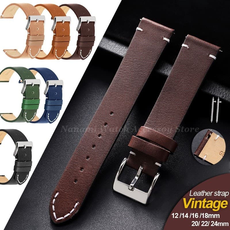 Pulseira De Relógio Com Pontos De Couro Genuíno Vintage 12mm 14mm 16mm 18mm 20mm 22mm 24mm Liberação Rápida Pulseiras Fe